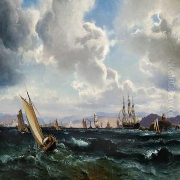 Numerous Sailing Ships In Stormy Oil Painting by C. F. Sorensen