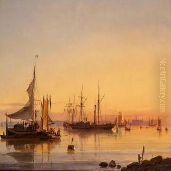 Det Svenske Kongeskib Ud For Kronborg En Stille Sommeraften I Solnedgangsskaeret Oil Painting by C. F. Sorensen