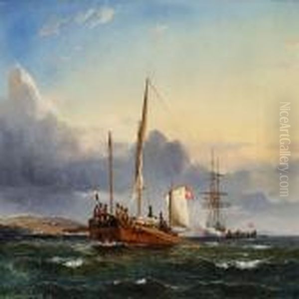 A Scene From The First Schleswig War With Gunboats In Als Sound Oil Painting by C. F. Sorensen