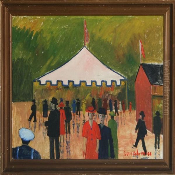 Scene From An Amusement Place With Numerous People In Front Of A Tent by Jens Sorensen