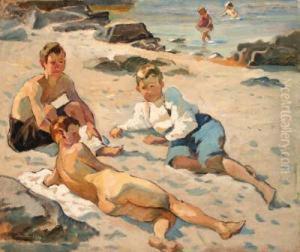 Boys On A Beach Oil Painting by Soren Sorensen