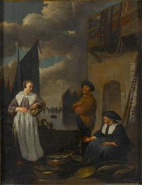 A Fish Seller Seated On A Quayside, A View To A Canal Beyond Oil Painting by Hendrick Maertensz. Sorch (see Sorgh)