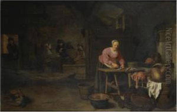 An Interior With A Peasant Woman Gutting Fish Oil Painting by Hendrick Maertensz. Sorch (see Sorgh)