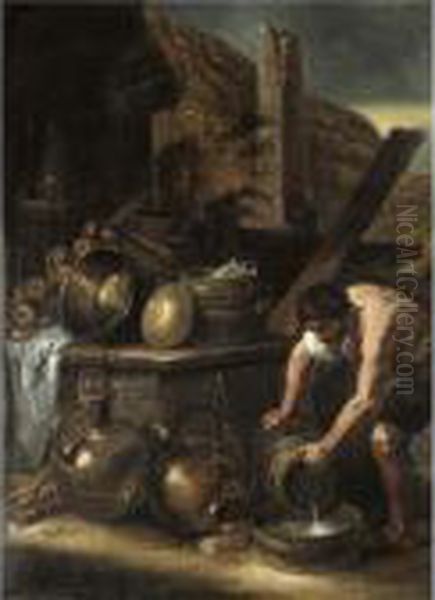 A Farmyard Still Life With A Man Washing Pots Oil Painting by Hendrick Maertensz. Sorch (see Sorgh)