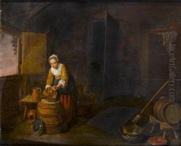 A Cottage Interior With A Woman Cleaning A Copper Pot Oil Painting by Hendrick Maertensz. Sorch (see Sorgh)