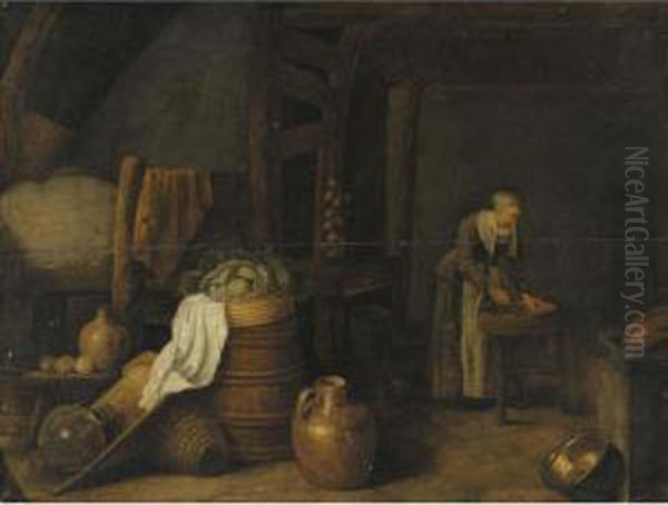 A Kitchen Still Life With A 
Cabbage, Onions, Lemons, Flagons, A Barrel, A Basket, And Other Kitchen 
Untensils, A Maid Beyond Oil Painting by Hendrick Maertensz. Sorch (see Sorgh)