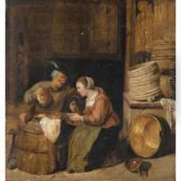 An Interior Scene With Two Peasants Eating Herrings And Drinking Oil Painting by Hendrick Maertensz. Sorch (see Sorgh)