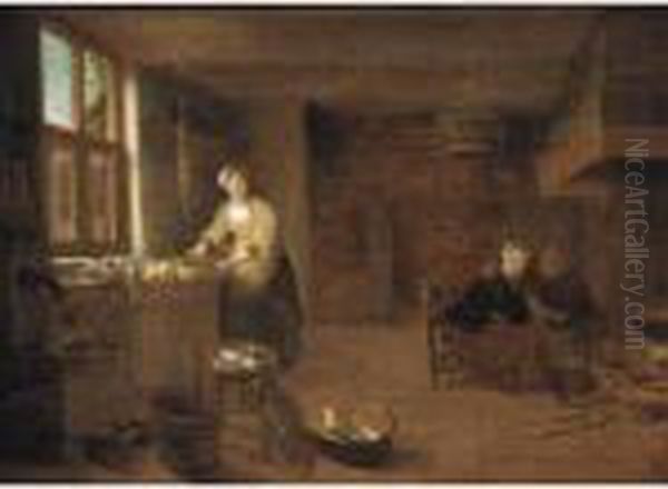 A Kitchen Interior With A Woman 
Preparing Dinner And Man Courting A Young Woman By The Fireplace Oil Painting by Hendrick Maertensz. Sorch (see Sorgh)