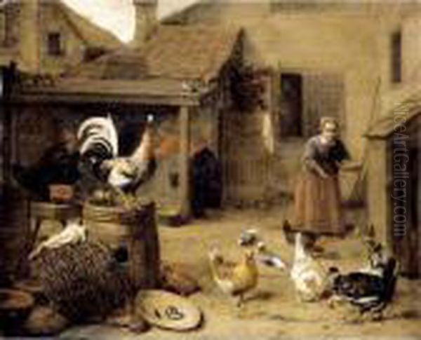 A Court With A Maid Feeding Hens And A Cockerel Perched Upon A Wooden Barrel Oil Painting by Hendrick Maertensz. Sorch (see Sorgh)