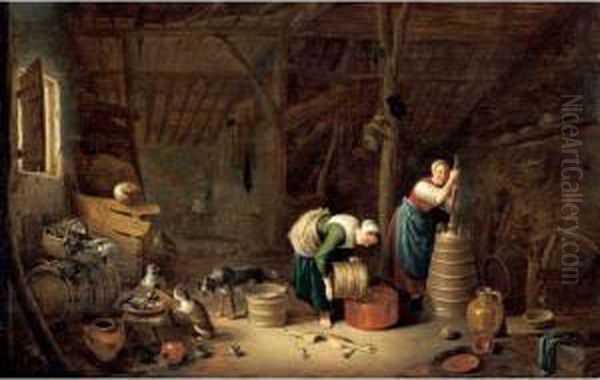 An Interior Of A Barn With Two Women Oil Painting by Hendrick Maertensz. Sorch (see Sorgh)