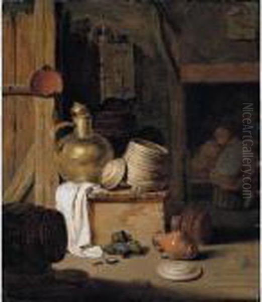 A Barn Interior With A Still 
Life Of Various Pots, Barrels, And Baskets With A Cat, Boors Seated 
Beyond Oil Painting by Hendrick Maertensz. Sorch (see Sorgh)