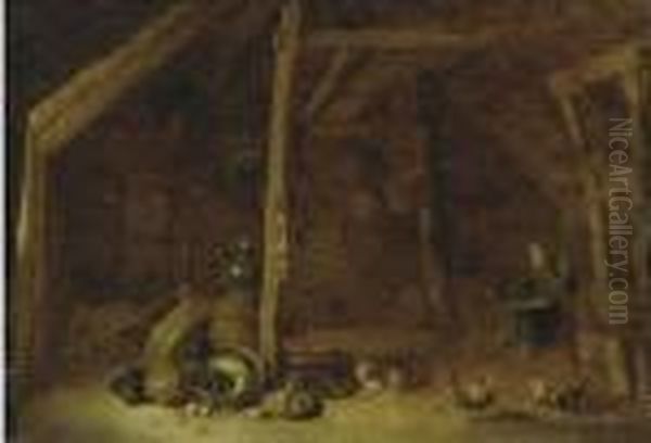 The Interior Of A Barn With A Woman Spinning Oil Painting by Hendrick Maertensz. Sorch (see Sorgh)