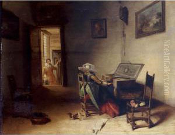 Interior With A Lady Playing The
 Virginals, A Gentleman In The Background Coming Up The Stairway Oil Painting by Hendrick Maertensz. Sorch (see Sorgh)