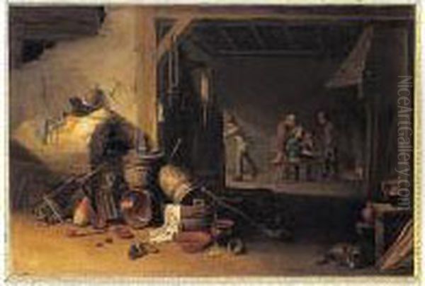 A Tavern Interior With Peasants 
Conversing Before A Fireplace, Kitchen Vessels And An Oven In The 
Foreground Oil Painting by Hendrick Maertensz. Sorch (see Sorgh)