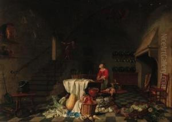 A Kitchen With A Maid Preparing 
Meat At A Table, A Man On Astaircase Beyond, With Baskets, Vegetables 
And Meat In Theforeground Oil Painting by Hendrick Maertensz. Sorch (see Sorgh)