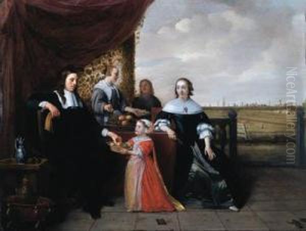 Portrait Of A Family Seated At A Table, On A Terrace, A Landscapebeyond Oil Painting by Hendrick Maertensz. Sorch (see Sorgh)