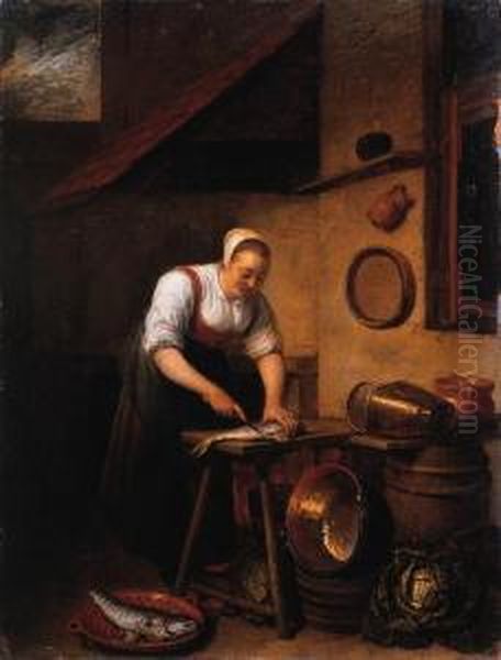 A Maid Standing By A Table 
Cleaning Fish, Pots, Pans And Cabbageson A Barrel Nearby, In A Farmyard Oil Painting by Hendrick Maertensz. Sorch (see Sorgh)