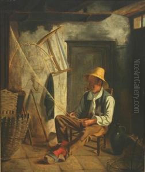 Man Mending A Fishing Net Oil Painting by Albert Sorkau