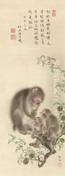 Monkeys And Peaches Oil Painting by Mori Shusho, Dit Sosen