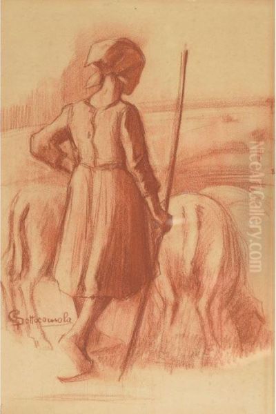 Shepherdess And Flock Oil Painting by Giovanni Sottocornola