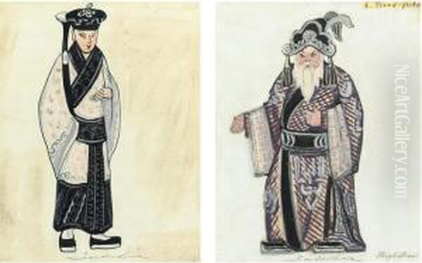 Le Rossignol: The High Priest And The Young Priest A Pair Of Costume Designs Oil Painting by Serge Iurevich Soudeikine