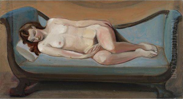 Nude On A Blue Sofa Oil Painting by Sergei Yurievich Soudeikine