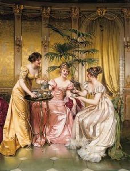 Three For Tea Oil Painting by Charles Joseph Frederick Soulacroix