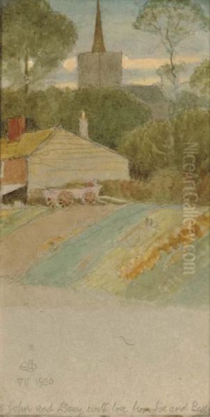 Cart By A House; Farm And Church; House In The Trees; And Canalwith Barge Oil Painting by Joseph Edward Southall