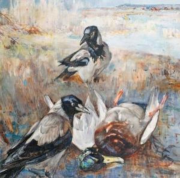 Two Crows And A Fallen Mallard Oil Painting by Frank Southgate