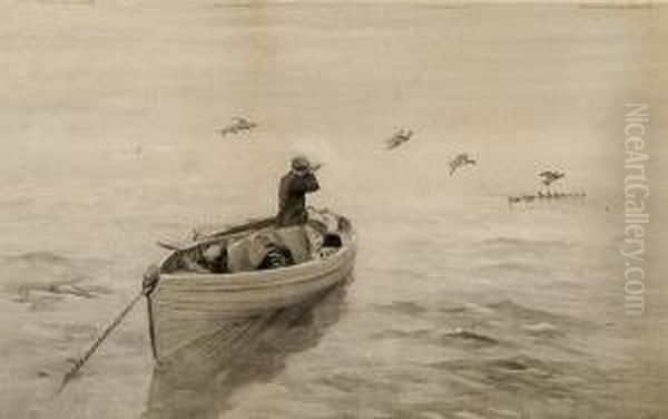 Black Duck Shooting On The Wash Off Hunstanton Oil Painting by Frank Southgate