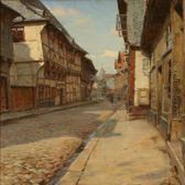 Danish Street Scene With A Church In The Background Oil Painting by Carl Martin Soya-Jensen