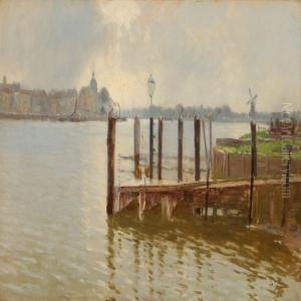 Harbour Scene On A Quiet Spring Day Oil Painting by Carl Martin Soya-Jensen