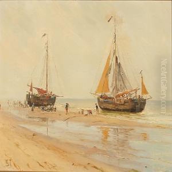 Coastal Scene Withtwo Sailing Ships On The Beach, Presumably On Fano Island Oil Painting by Carl Martin Soya-Jensen