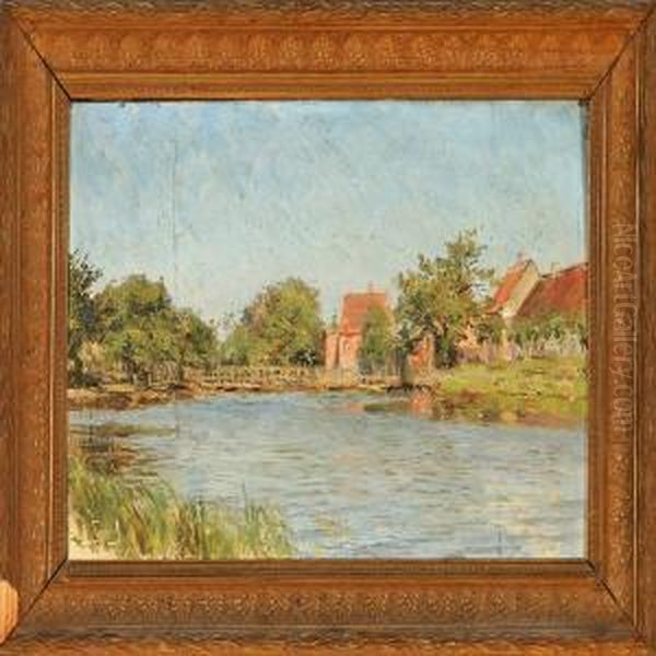 Village Scene Witha Pond Oil Painting by Carl Martin Soya-Jensen