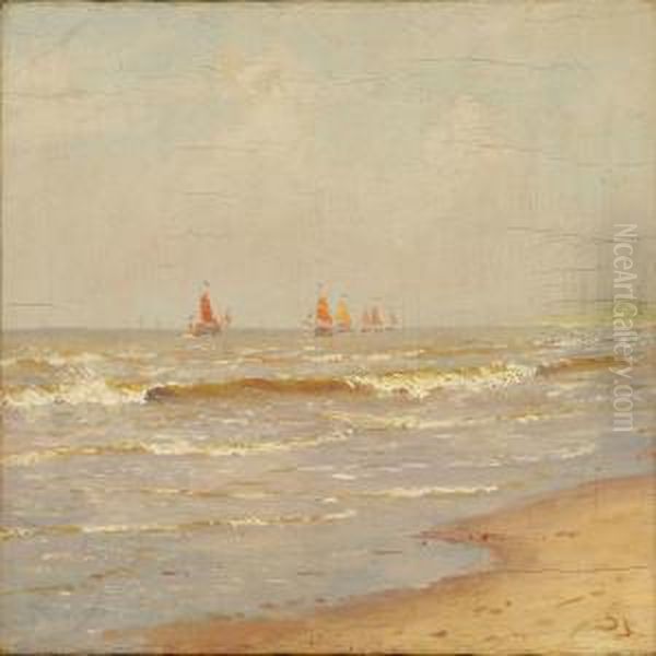 Sailing Ships Off Shore On A Summer Day Oil Painting by Carl Martin Soya-Jensen