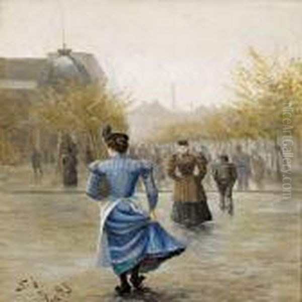 Town Scenerywith Strowling Woman Oil Painting by Carl Martin Soya-Jensen