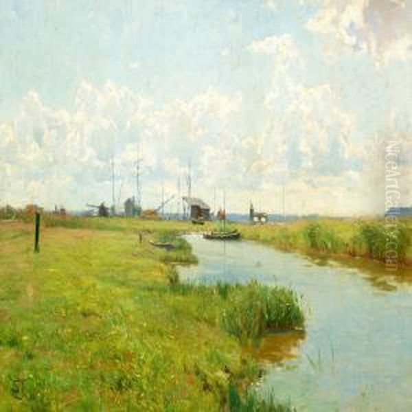 Landscape With A Stream And Ships, Summer Oil Painting by Carl Martin Soya-Jensen