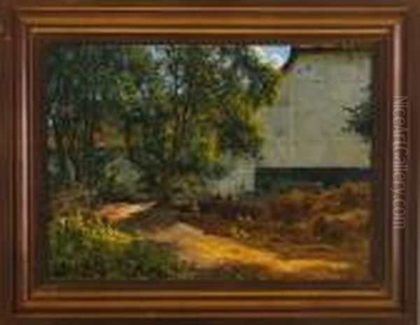 A Farm Exterior With Hens. Signed Soya J 05 Oil Painting by Carl Martin Soya-Jensen