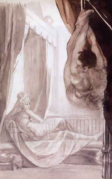 Brunhilde Observing Gunther, Whom She Has Tied to the Ceiling 1807 Oil Painting by Johann Henry Fuseli