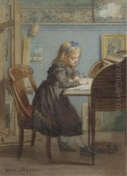 A Young Girl At Her Writing Desk Oil Painting by Paul Constant Soyer