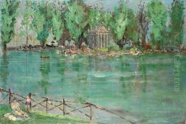 Giardino Del Lago In Villa Borghese With The Temple Of Aesculapius Oil Painting by Armando Spadini