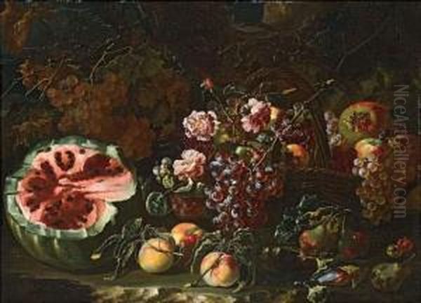 Nature Morte Aux Raisins, Fleurs Et Pasteques Dans Un Paysage. Oil Painting by Bartolomeo Castelli Spadino