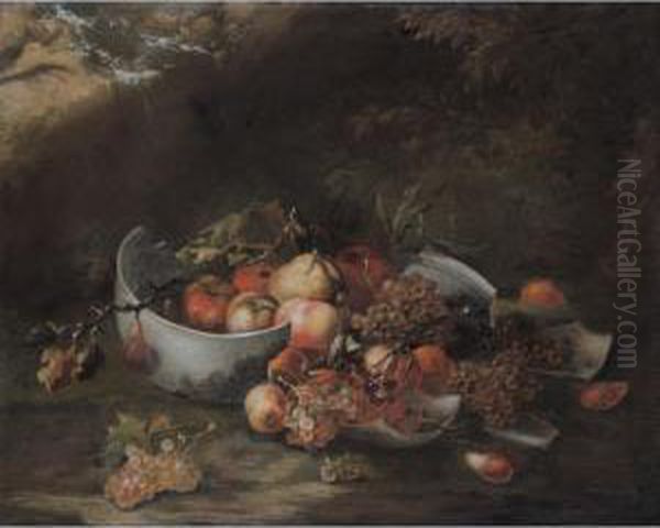 Still Life With A Broken Bowl 
Together With Apples, Grapes, Peaches, Pears And Various Other Fruit, In
 A Landscape Oil Painting by Bartolomeo Castelli Spadino