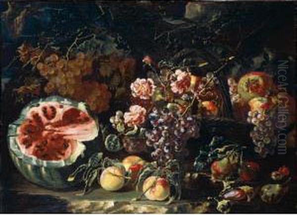 Still Life Of Watermelon, Plums,
 Peaches And Grapes, Together With A Basket Of Grapes And Pomegranates, 
All In A Landscape Oil Painting by Bartolomeo Castelli Spadino