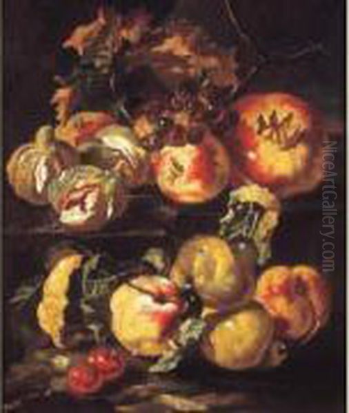 Nature Morte Aux Pommes, Grenade Figues Et Raisins Sur Un Entablement Oil Painting by Bartolomeo Castelli Spadino