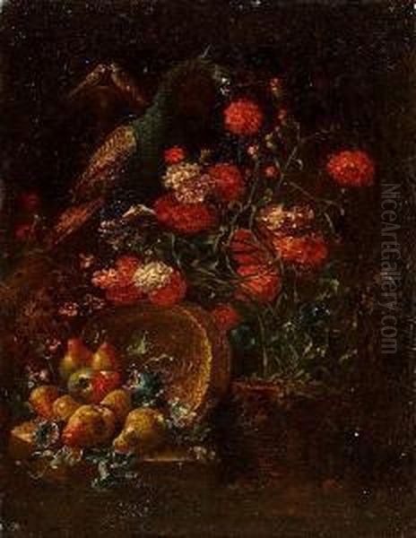 A Peacock Amid Carnations And 
Convolvulus Above An Upturned Basket Of Pears On A Stone Ledge Oil Painting by Bartolomeo Castelli Spadino