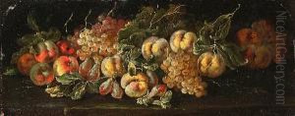 Peaches, Apples, Pears And 
Grapes On A Stone Ledge; And Grapes, Pears, Apples And A Melon On A 
Stone Ledge Oil Painting by Bartolomeo Castelli Spadino