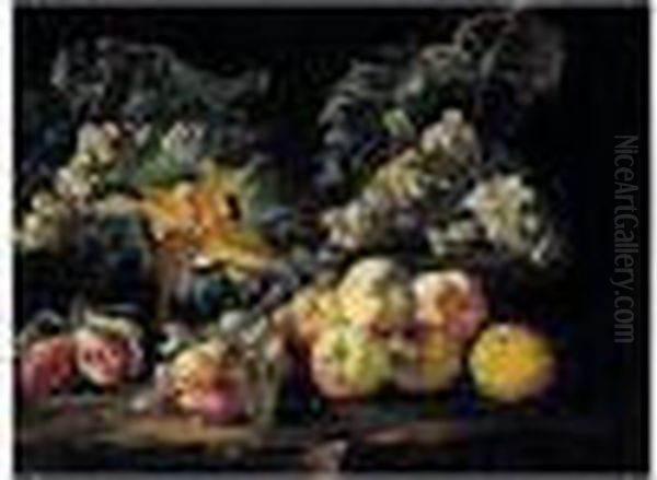 A Still Life Of Peaches, Grapes, Plums, And A Melon In A Landscape Oil Painting by Bartolomeo Castelli Spadino