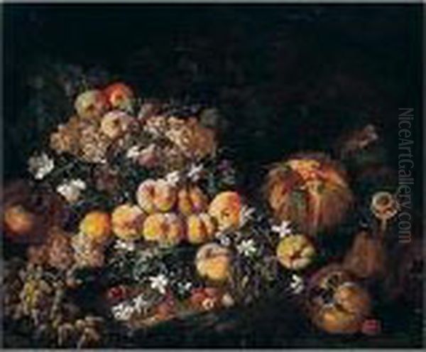 Still Life Of Grapes, Apples And
 Plums In A Glass Bowl, Together With Melons, Pomegranates And Cherries 
In A Landscape Oil Painting by Bartolomeo Castelli Spadino