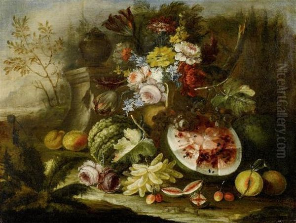 Fruit Still Life In A Landscape Oil Painting by Giovanni Paolo Castelli Spadino